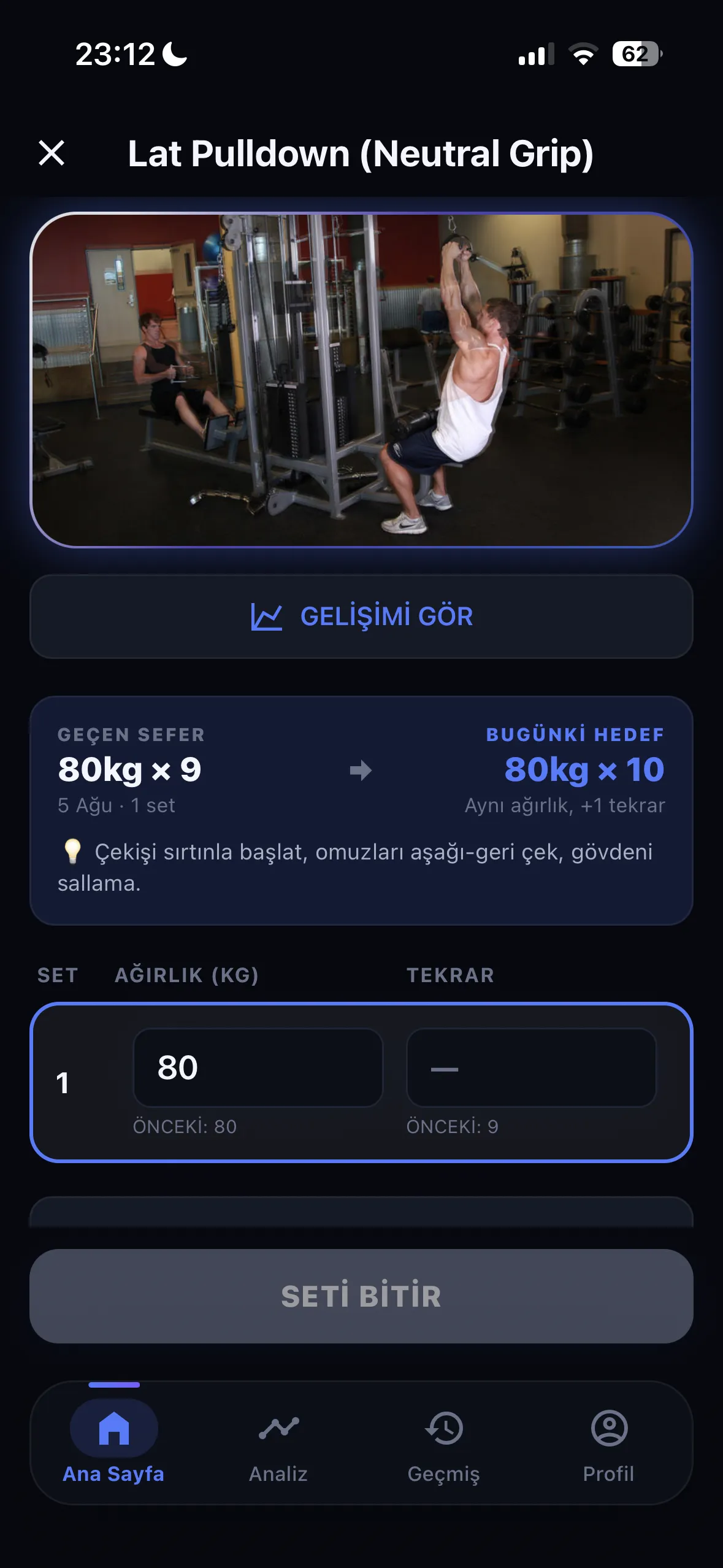 REPRA aktif antrenman ilk set ekranı