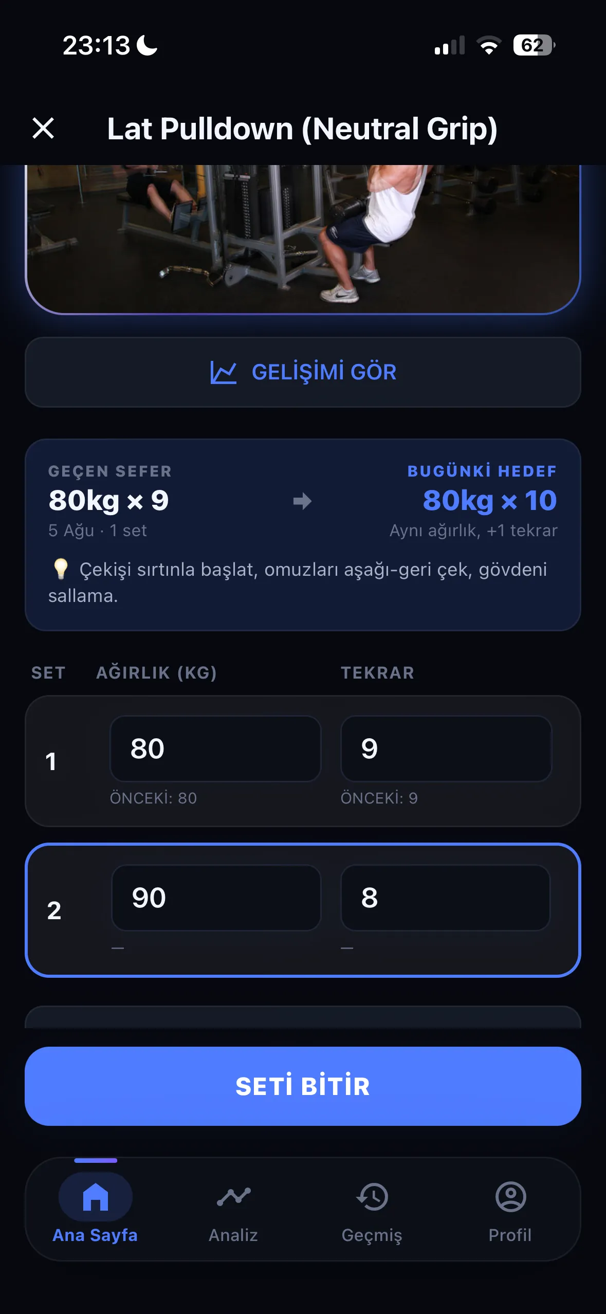 REPRA aktif antrenman ikinci adım ekranı