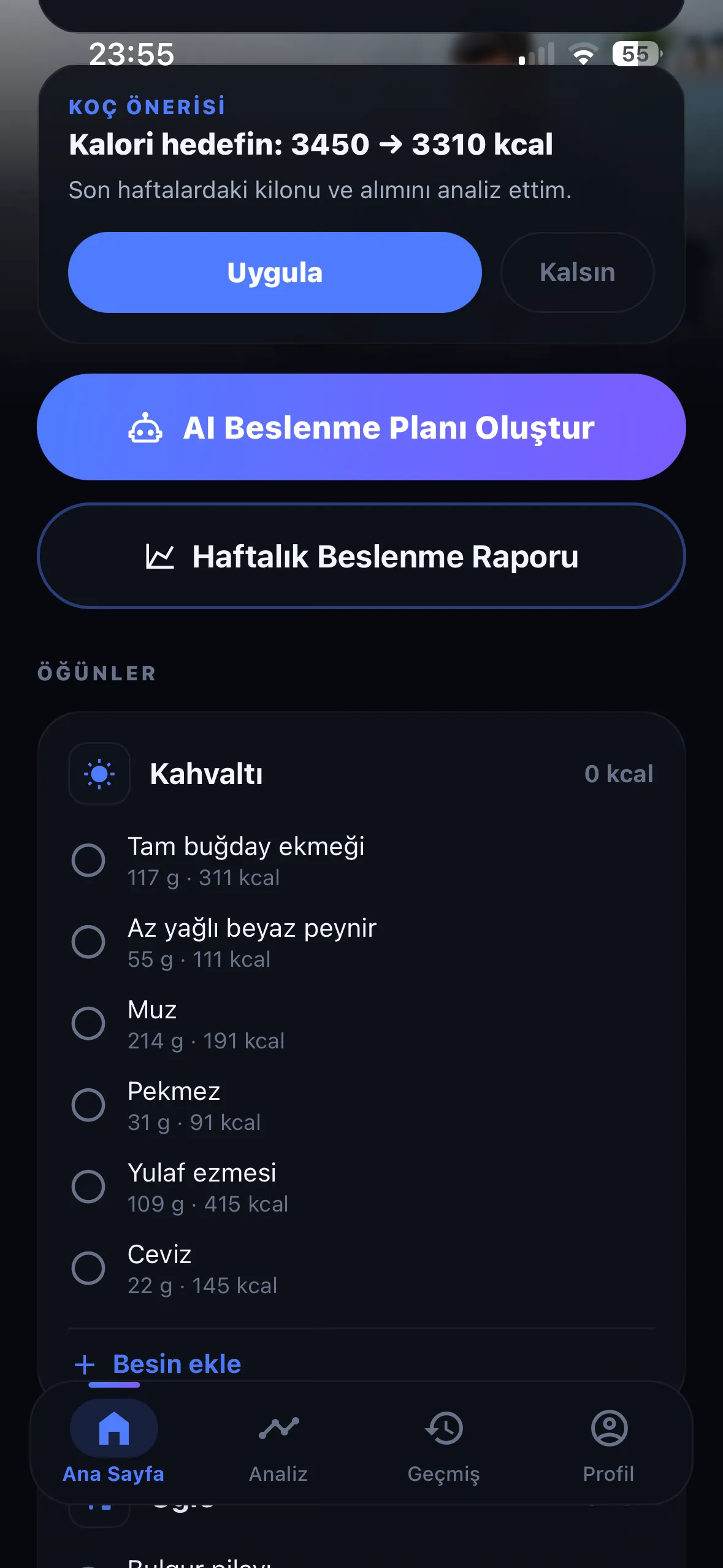 REPRA beslenme planı ekranı