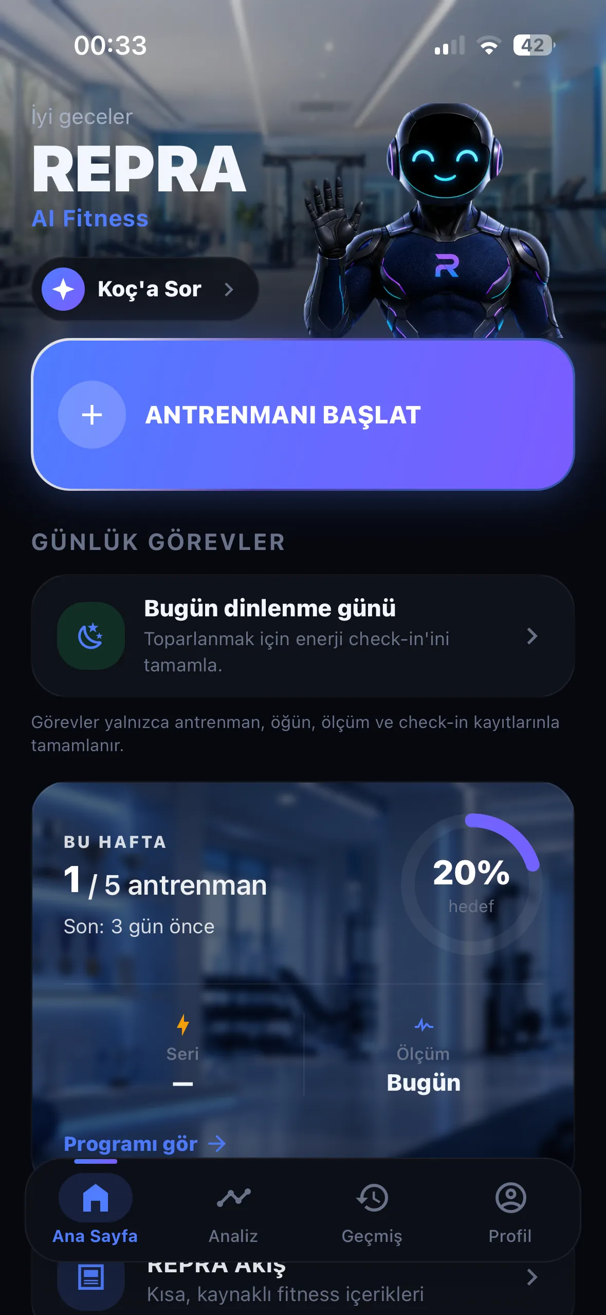 REPRA Dark tema uygulama ekranı