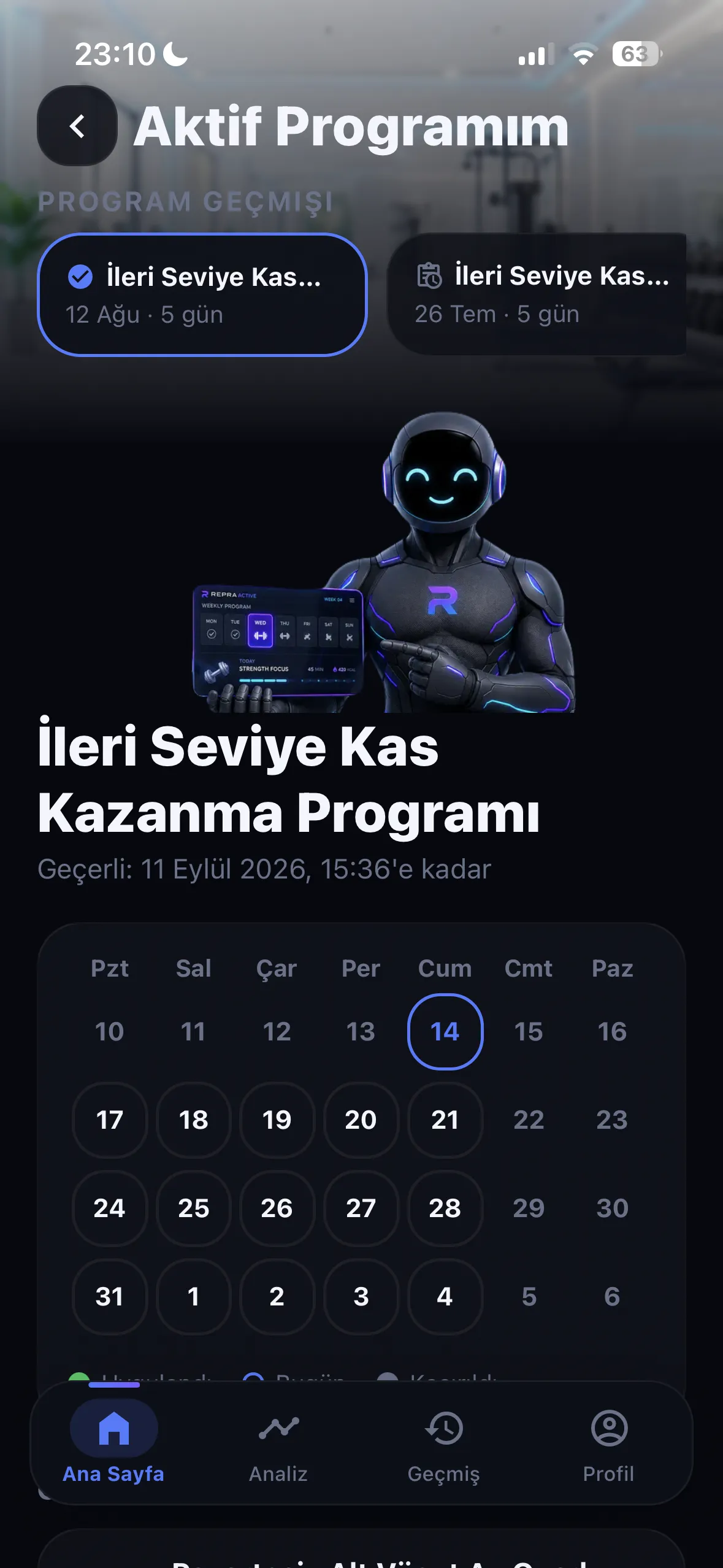 Reprafit haftalık antrenman planı ekranı