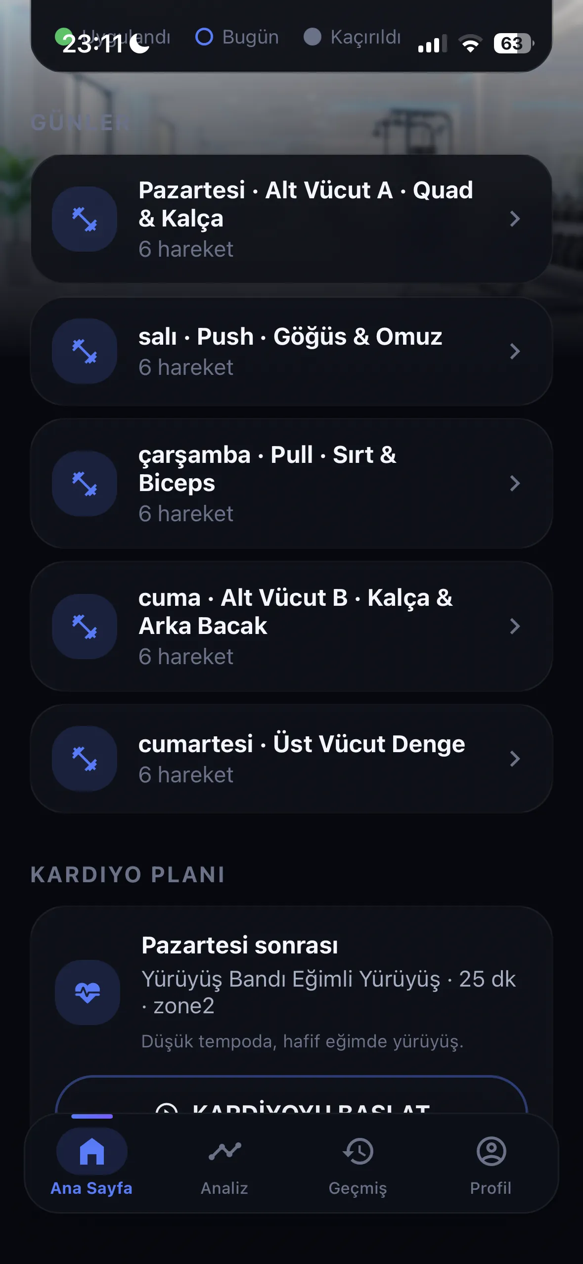 REPRA kişisel antrenman planı ekranı